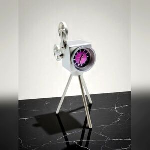 Miniature Antique Movie Camera Clock Silver/Purple Metal
